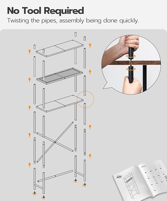 HOOBRO Over The Toilet Storage, 3-Tier Over Toilet Bathroom Organizer, Freestanding Above Toilet Shelf with Adjustable Feet, Space Saving, Easy Assembly, Rustic Brown and Black BF63TS01