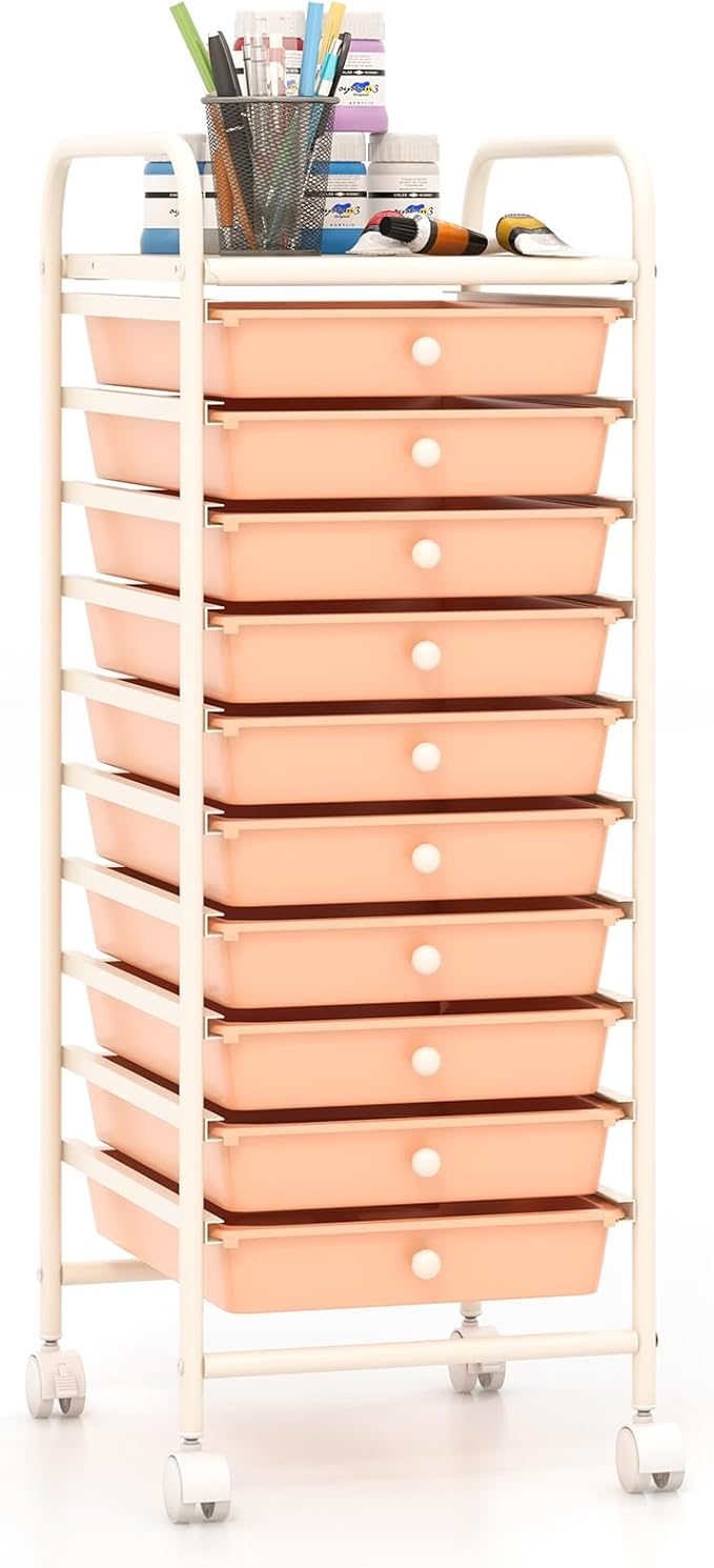 Giantex 10-Drawer Storage Cart w/Universal Wheel, Rolling Cart w/Handle, Home Organizer Storage Unit w/Removable Drawers, Trolley Utility Cart for Kitchen Makeup Living Room Office Play Room
