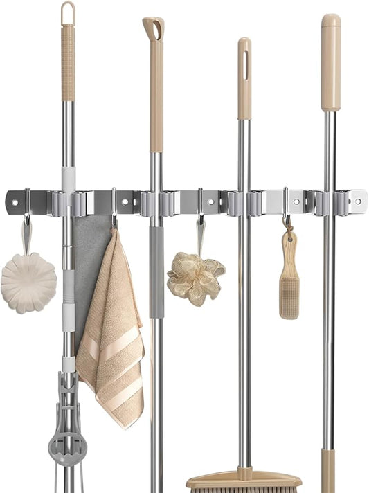 Broom Holder Wall Mount Organizer: Mop and Broom Holder Wall Mount Garage Wall Organizer, Stainless Steel Heavy Duty Garden Tool Organizer Storage Rack for Home Kitchen Garden Laundry, 4 Racks 4 Hooks-NeatNest