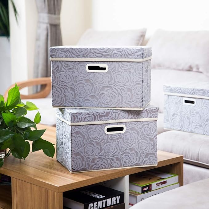PRANDOM Foldable Storage Bins with Lids [5-Pack] Fabric Decorative Storage Box Cubes Organizer Containers Baskets with Cover Handles Divider for Bedroom Closet Living Room Grey 14.9x9.8x9.8 Inch-NeatNest