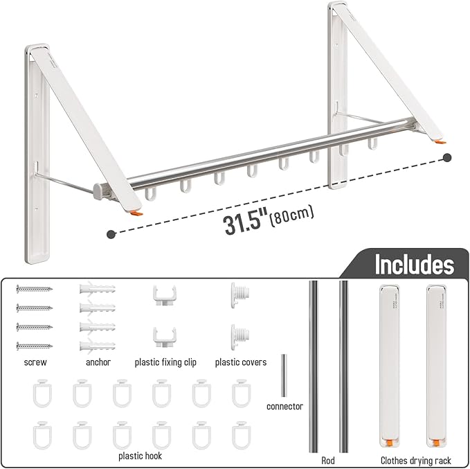Clothes Drying Rack Retractable, Wall Mounted Clothes Hanger Rack for Laundry Room, Laundry Drying Rack with Clothes Rod Space Saving Closet Organizer Aluminium (White, 2P)-NeatNest
