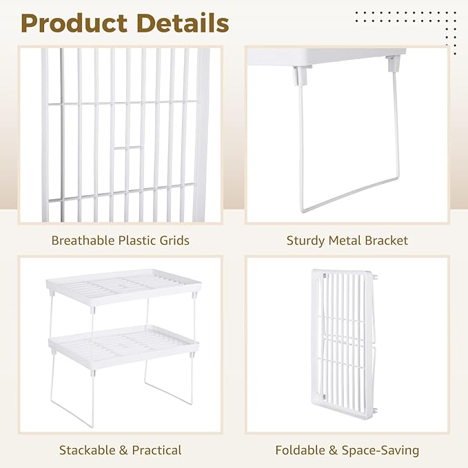 Homaisson 6 PCS Cabinet Storage Shelf Rack, Foldable Cabinet Organizer Shelf, White Stackable Plastic Kitchen Storage shelves Foldable Rack for Kitchen, Fridge, Bathroom-NeatNest