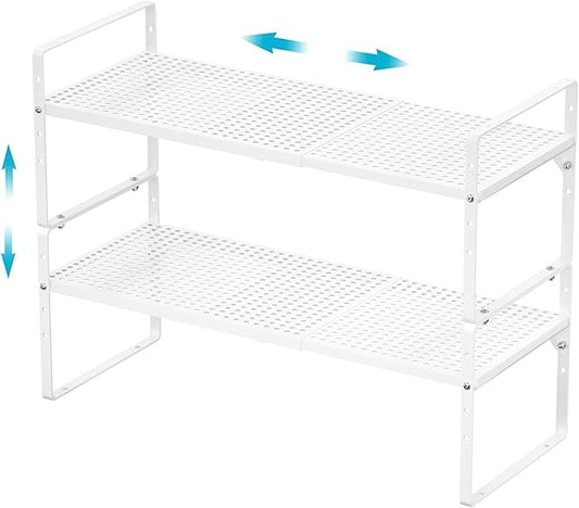 iPEGTOP Expandable Cabinet Storage Shelf Organizer Rack, Heavy Duty Stackable Steel Metal Spice Rack Adjustable Height Pantry Garage Shelf for Counter Kitchen Organization, White - 2 Pack-NeatNest