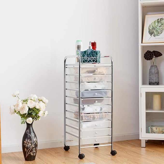 Giantex 10 Drawer Rolling Storage Cart Scrapbook Paper Office School Organizer (Clear)
