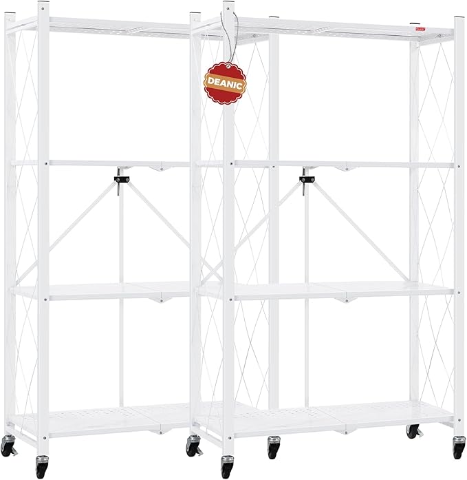 DEANIC 4 Tier Foldable Storage Shelves with Wheels, Large Capacity Shelving Unit, Freestanding Metal Wire Shelf Rack, No Assembly Organizer Rack for Garage Kitchen, Basement, Pantry(White Pack of 2)-NeatNest