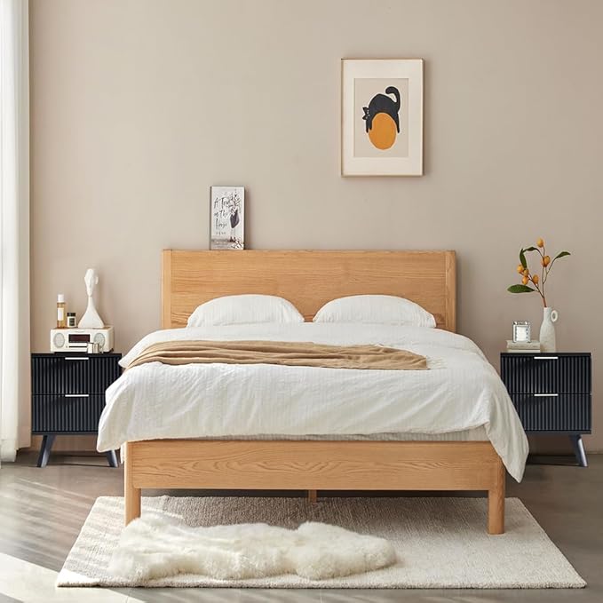 Black Nightstand, Mid Century Modern Nightstand with 2 Drawers, Bedroom Nightstand, Bed Side Table Small Nightstand for Dorm, Wood End Table Bedside Tables, Modern End Side Table (Black)