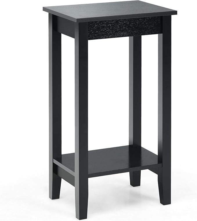 Giantex 2-Tier End Table Tall Nightstand, Simple Design Sofa Bedside Table with Versatile Shelf and Wooden Legs for Small Spaces, Living Room, Study, Bedroom, Narrow Telephone Table, Black