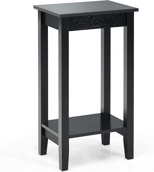 Giantex 2-Tier End Table Tall Nightstand, Simple Design Sofa Bedside Table with Versatile Shelf and Wooden Legs for Small Spaces, Living Room, Study, Bedroom, Narrow Telephone Table, Black