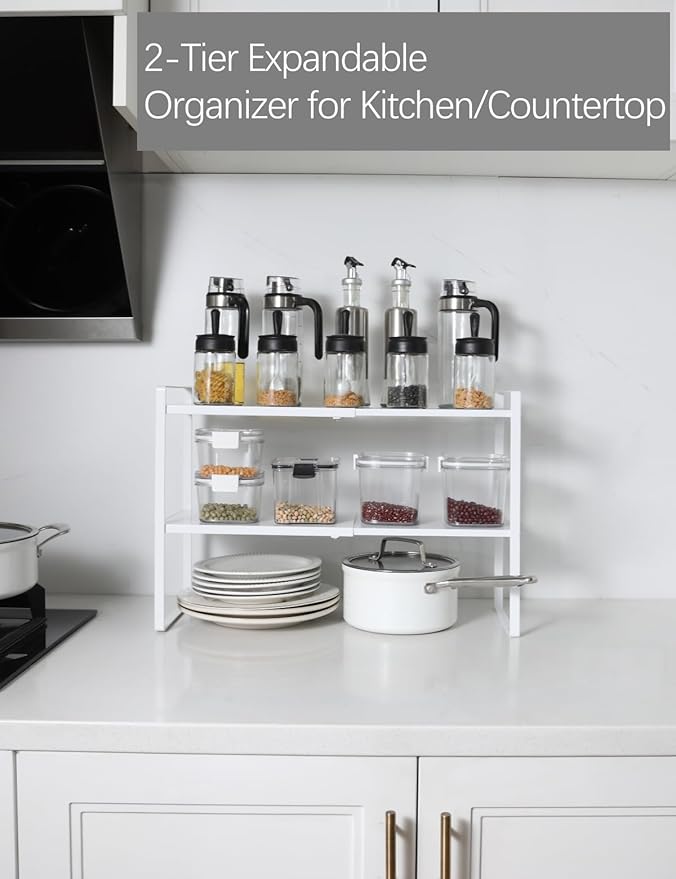 2-Tier Expandable Organizer Shelf for Kitchen Cabinet, Countertop, Pantry & Under-Sink Storage(White)-NeatNest