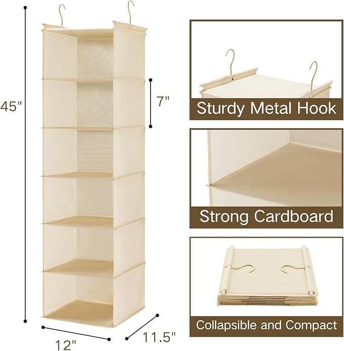 MAX Houser 6 Tier Shelf Hanging Closet Organizer, Cloth Hanging Shelf with 2 Sturdy Hooks for Storage, Foldable (Beige)-NeatNest