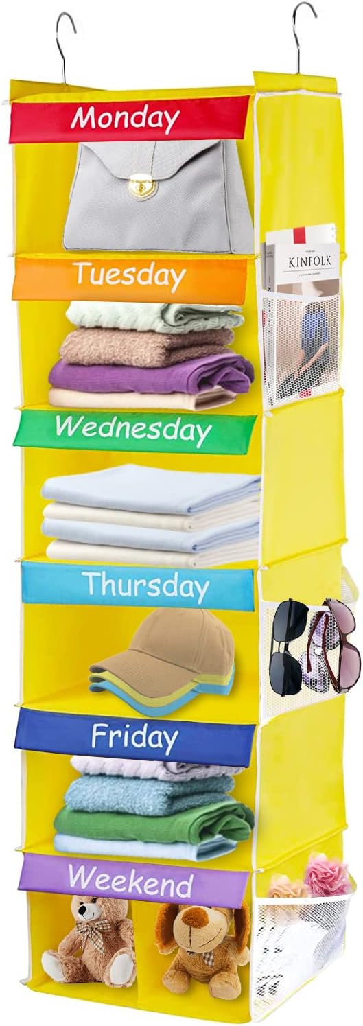 6-Shelf Weekly Closet Hanging Organizer for Kids, 7-Grid Days of The Week Baby Kids Clothing Organize Monday Through Sunday, Foldable Oxford Cloth Closet Clothes Organize Weekday (Yellow)-NeatNest