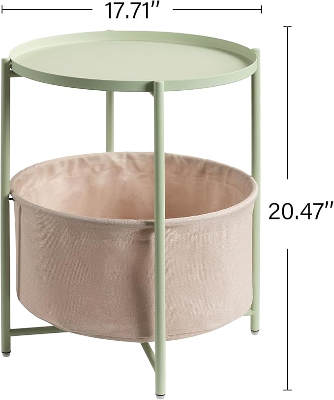 danpinera Round Side Table with Fabric Storage Basket, Metal Side Table Small Bedside Nightstand with Removable Tray Top for Living Room, Bedroom, Nursery, Laundry, Light Green-NeatNest