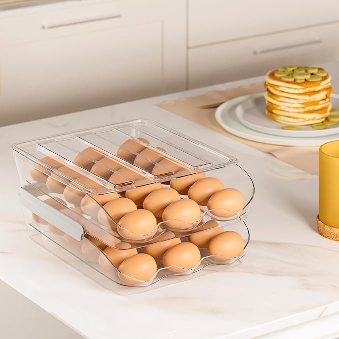 Egg Holder for Fridge 54 Capacity Automatic Rolling Egg Organizer for Refrigerator, Clear Stackable Container for Kitchen or Pantry Storage 3 Pack