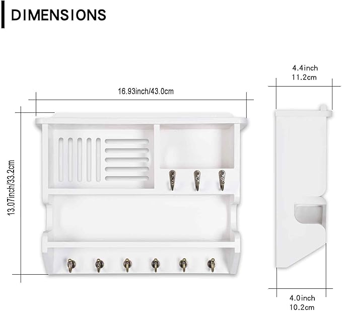 Key Holder for Wall, Mail and Key Holder for Home Decor, Key and Mail Holder for Wall with Key Hooks, White