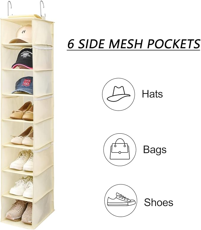 Hanging Shoe Organizer for Closet with Side Mesh Pockets，Hat Racks for Baseball Caps，Shoe and Hat Holder & Storage，8-Shelf，Beige，2 Pack-NeatNest