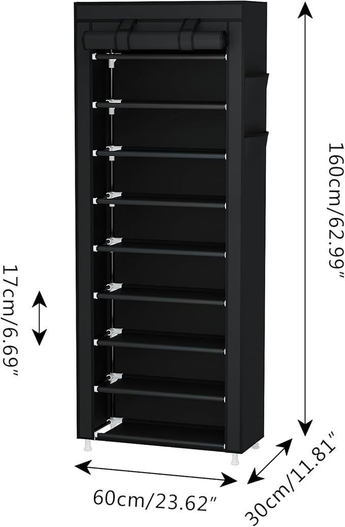 Calmootey 9 Tier Shoe Rack Organizer,Portable Shoe Shelf with Nonwoven Fabric Cover for Closet Hallway,Bedroom,Entryway,Black-NeatNest