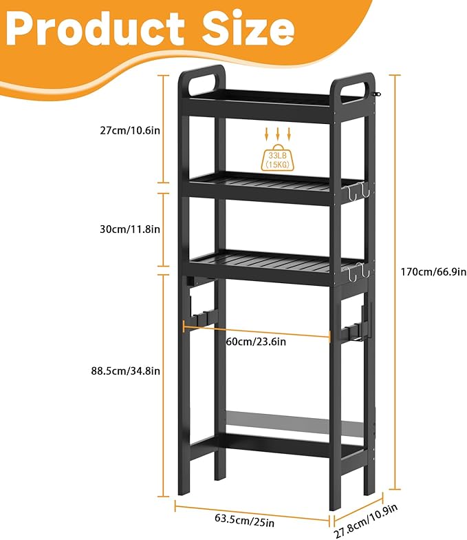 3 Tiers Over The Toilet Storage Shelf, Space Saver Bathroom Organizer Shelves with Toilet Paper Holder and Hooks, Freestanding Toilet Rack for Washroom Balcony (Black)