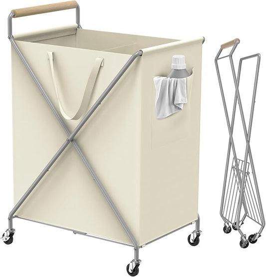 Foldable Metal Laundry Basket with Wheels, 2-Section Rolling Laundry Hamper, 37 Gallons (140L), Removable Liner, Steel Frame with Wooden Handle, Cream White