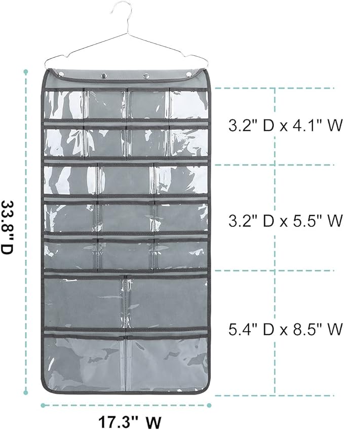Dual Sided Hanging Organizer for Jewelry Makeup Storage Closet Organizers for Bows Socks Underwear with 42 Clear Pockets (GREY)-NeatNest