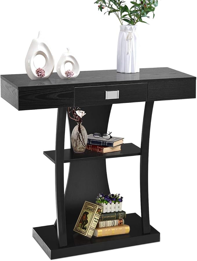 Giantex Console Table, Sofa Table with Drawer and 2-Tier Shelves, Accent Table for Entryway, Hallway and Living Room (Black)-NeatNest