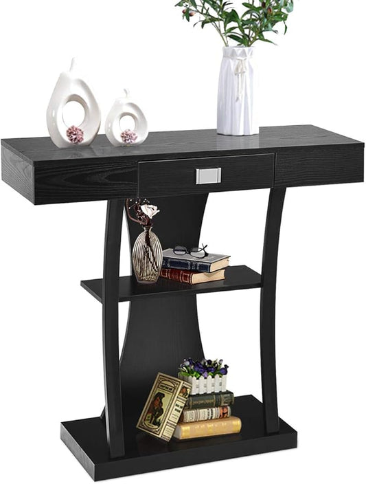 Giantex Console Table, Sofa Table with Drawer and 2-Tier Shelves, Accent Table for Entryway, Hallway and Living Room (Black)-NeatNest