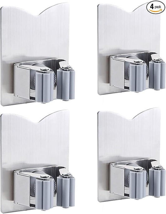 4 Pack Mop Broom Holder Racks 304 Stainless Steel Self Adhesive Heavy Duty Wall Mounted Mop Organizer Storage Clip Multi-Used for Garage Kitchen and Bathroom-NeatNest