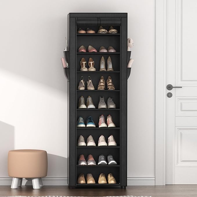 Shoe Rack with Cover Narrow Shoe Organizer with 4 Side Pockets 10 Tier Tall Shoe Storage Holds 18-22 Pairs Shoes and Boots Shoe Rack for Closet Entryway Garage-NeatNest