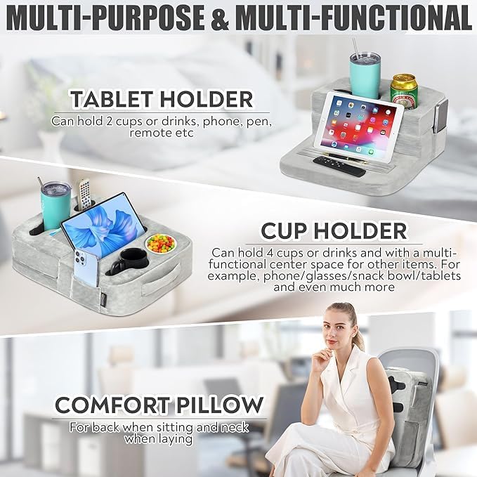 Couch Cup Holder Tray Pillow - Bed, Couch Caddy, Sofa, RV & Car - Holds Drinks, Snacks, Remotes, Phones, Kindle, Tablet | Bed Cup Holder (Grey)-NeatNest
