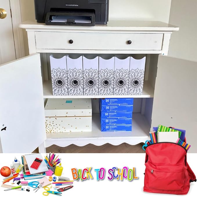 Evelots Magazine File Holder - Set of 6 Mandala - Office Desk Organizer - Sturdy Cardboard - New Upgraded Double Front Panel for More Stability - Full 4 Inch Wide - Easy Assemble