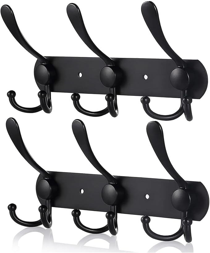 Coat Rack Wall Mounted,3 Tri Stainless Steel Coat Hook for Coat Hat Robes Towel in Mudroom Entryway (Black, 2 Pack 3 Hook)-NeatNest
