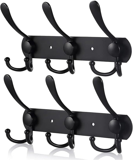 Coat Rack Wall Mounted,3 Tri Stainless Steel Coat Hook for Coat Hat Robes Towel in Mudroom Entryway (Black, 2 Pack 3 Hook)-NeatNest