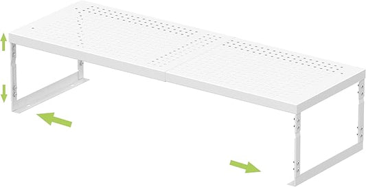 Adjustable Stackable Metal Storage Shelf Organizer - Expandable Wire Rack with Perforations for Kitchen, Pantry, Bathroom, Cabinet & Office-Compact, Durable & Sturdy (1PACK/Large/White)