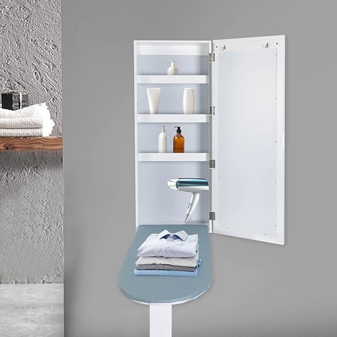 Wall-Mounted Ironing Board Cabinet, Ironing Board Holder with Mirror, Hidden Ironing Board, Ironing Board with Support Leg, Suitable for Home, Apartment