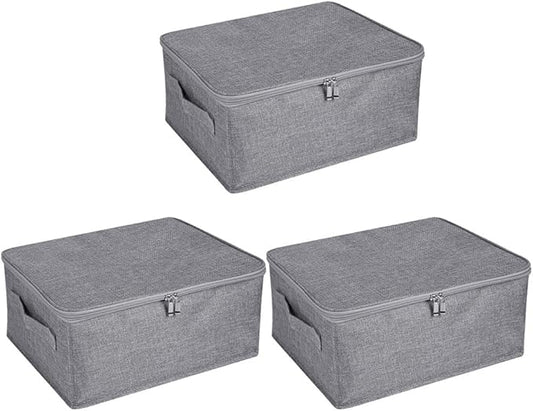 ANMINY 3PCS Storage Bins with Zipper Lids 13 Qt Lidded Fabric Storage Boxes Baskets Cubes with Handles Collapsible Washable Cotton Linen Closet Shelf Clothes Organizer Containers - Gray, Small-NeatNest