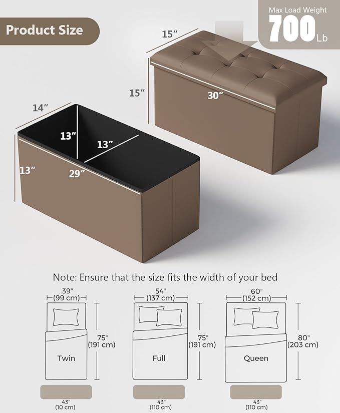 Folding Storage Ottoman Bench, Multi-Functional Ottoman Footrest, End of Bed Bench, Storage Chest for Living Room, Bedroom, Hallway, Entryway, Holds Up to 700 lbs (Brown, 30 Inches)