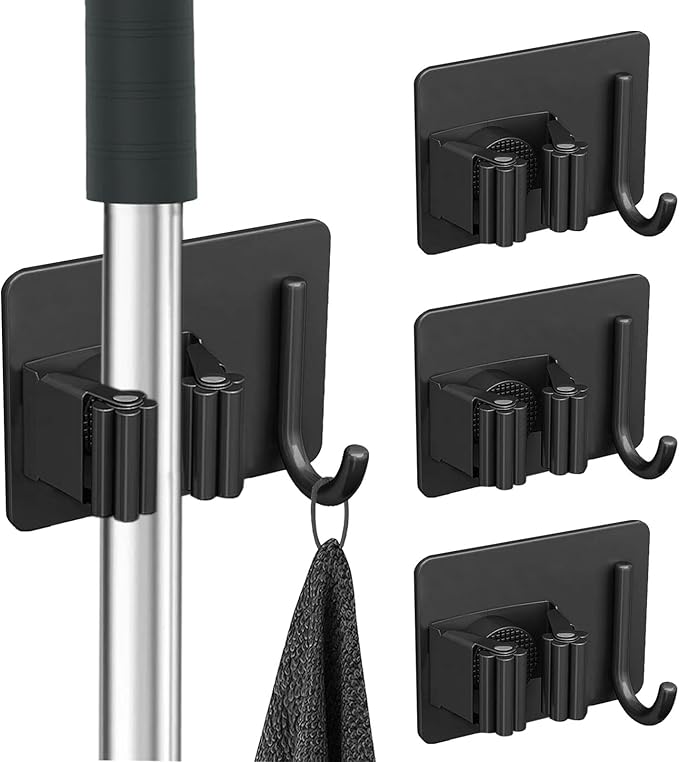 4Pcs Mop Broom Holder No Drill SUS304 Stainless Steel, Heavy Duty Tool Organizer Rack Rake and Shovel Handle, Storage Rack Self Adhesive for Bathroom, Laundry, Kitchen, Garage, Garden