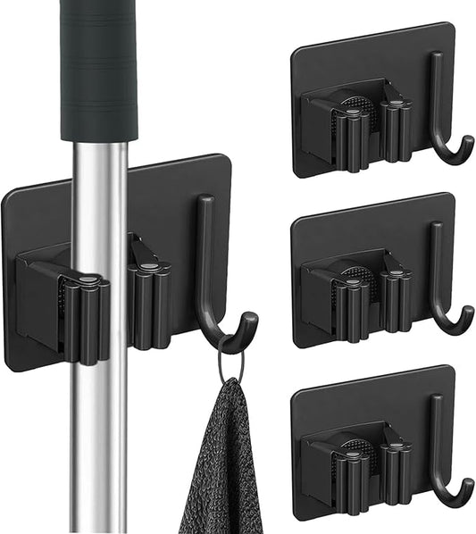 4Pcs Mop Broom Holder No Drill SUS304 Stainless Steel, Heavy Duty Tool Organizer Rack Rake and Shovel Handle, Storage Rack Self Adhesive for Bathroom, Laundry, Kitchen, Garage, Garden