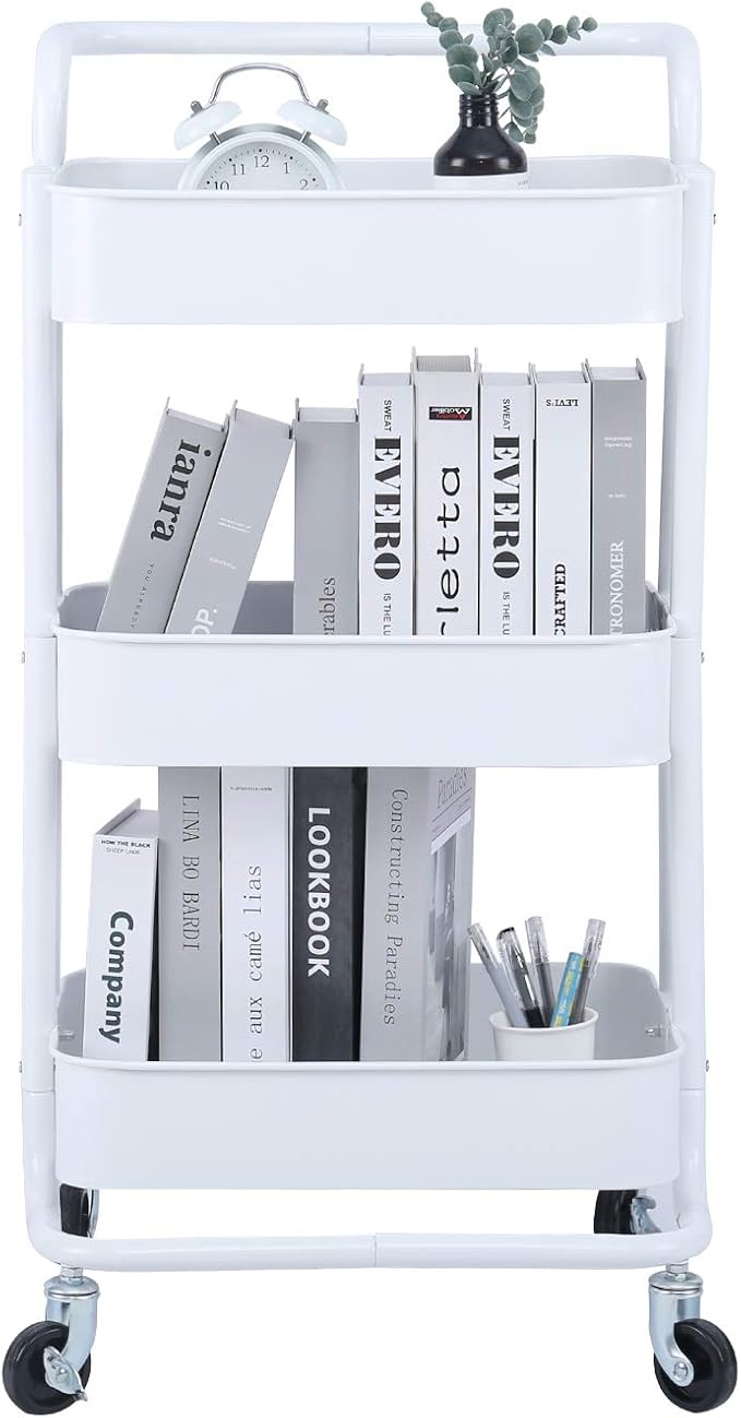 3-Tier Metal Mesh Rolling Cart Storage Organizer with Utility Handle and Wheels, White-NeatNest