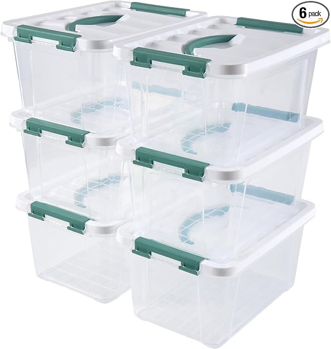 6 Quart Plastic Stackable Storage Latch Bins,Clear Latching Box with Handle and Lid,Pack of 6 (Green Handle)