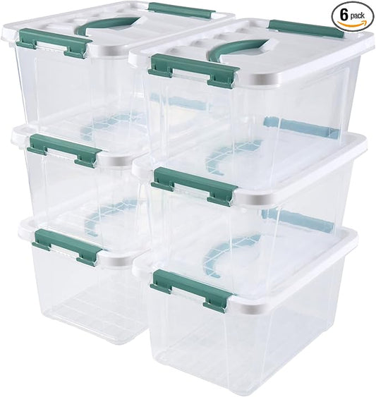 6 Quart Plastic Stackable Storage Latch Bins,Clear Latching Box with Handle and Lid,Pack of 6 (Green Handle)