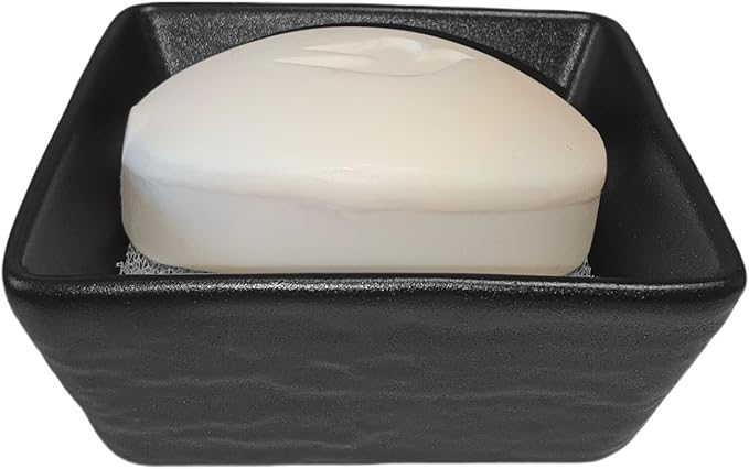 Ceramic Soap Dish, Vonpri Soap Holder Tray, Non-Slip Square Soapbox Container for Handmade Bar Bathroom Sink, Countertop, Shower Stone Texture (Black)-NeatNest