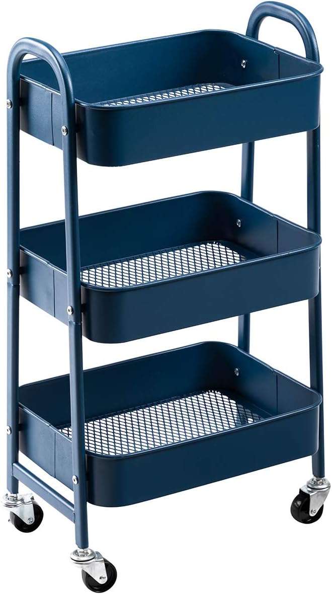 AGTEK Makeup Cart, Movable Rolling Organizer Cart, 3 Tier Metal Utility Cart,Navy Blue-NeatNest