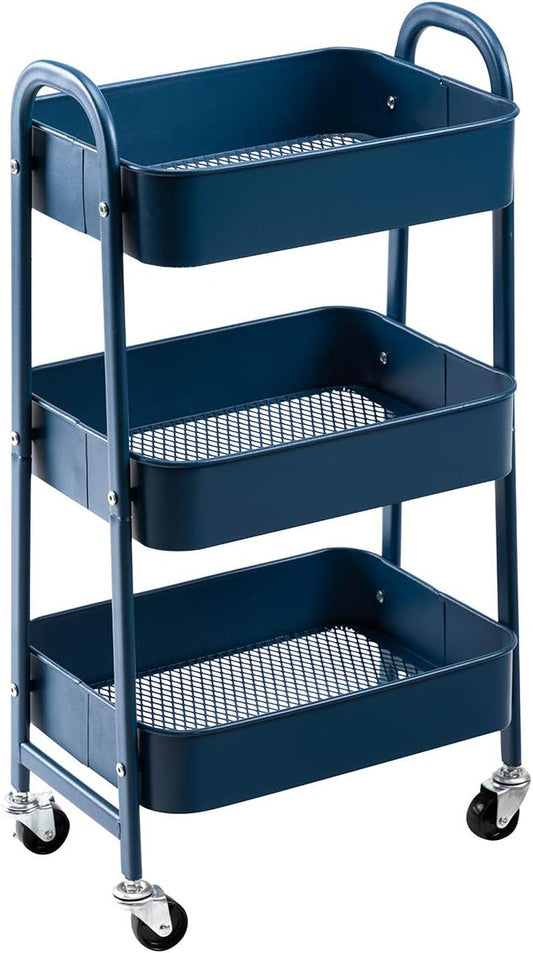 AGTEK Makeup Cart, Movable Rolling Organizer Cart, 3 Tier Metal Utility Cart,Navy Blue-NeatNest