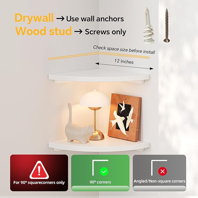 Floating Corner Shelves White 12", Solid Oak Wall Mounted Wooden Display Storage Rack with Wire Hole for Plants, Photos, Speakers, Bedroom, Kitchen, Living Room Décor - 1-Pack-NeatNest