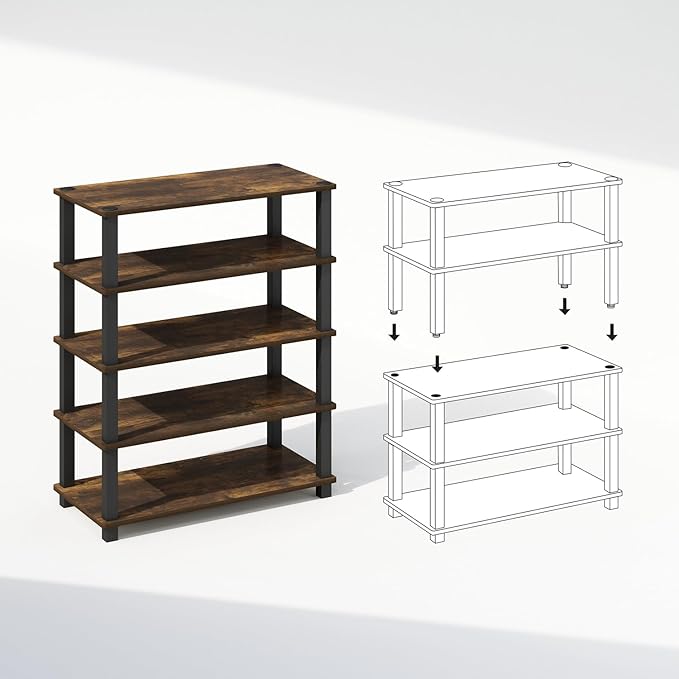 Furinno Turn-S-Tube 3-Tier Multipurpose Stackable Standing Shelves, Amber Pine/Black, Set of 2-NeatNest