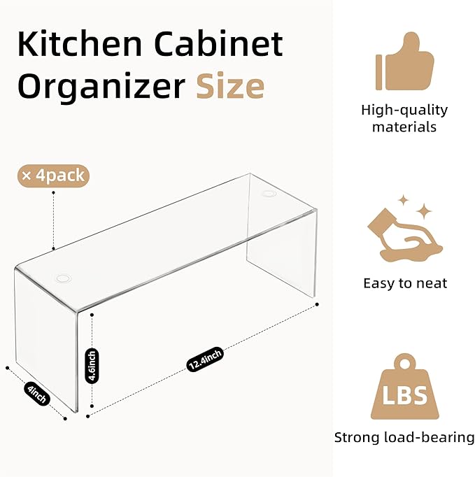 4 Packs Cabinet Organizer Shelf, Acrylic Kitchen Counter Shelves Organizer, Spice Rack for Dishes, Spices, Soda Cans and Bottles（12.4 x 4 x 4.6 inch）-NeatNest