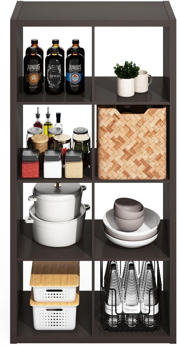 Furinno Hermite 8-Cube Open Shelves Kitchen Storage, Kitchen Island, Bakers Rack, Buffet Sideboard, Black Dark Oak-NeatNest