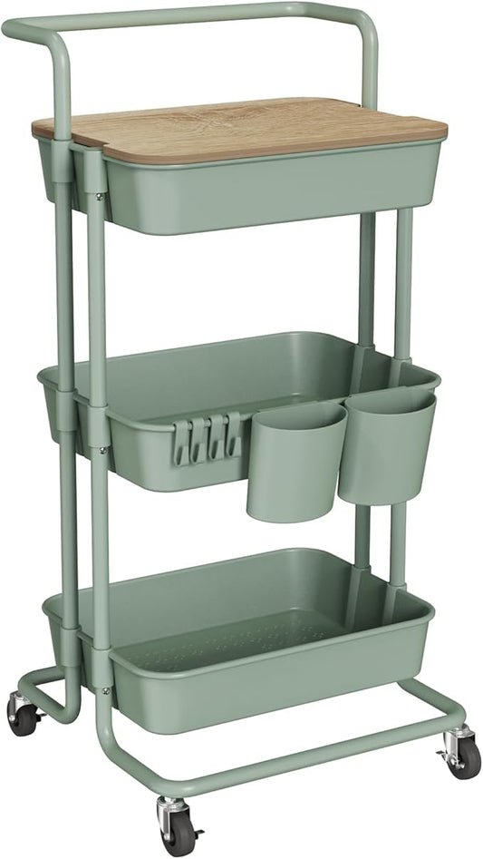 DTK 3 Tier Rolling Utility Cart with Cover Top Board, Movable Kitchen Storage Cart Trolley with Lockable Wheels, Cups, Hooks for Kitchen Bathroom Home Office Art Craft Storage(Turquoise/Green)-NeatNest