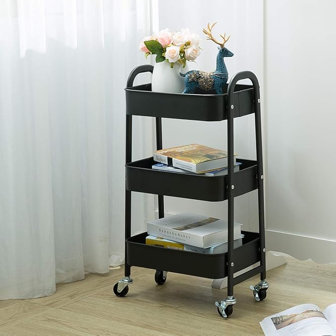 AGTEK Makeup Cart, Movable Rolling Organizer Cart, Black 3 Tier Metal Utility Cart-NeatNest