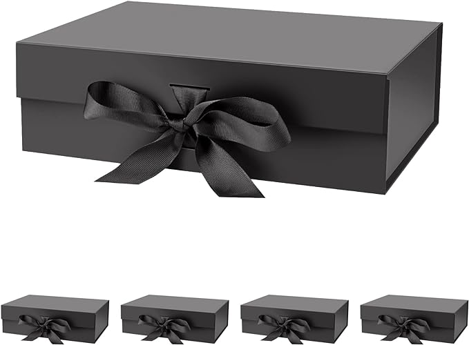Gift Box with Lid for Presents 10.5x7.5x3.1 Inches with Ribbon and Magnetic Closure(5-Pack) (Black)-NeatNest